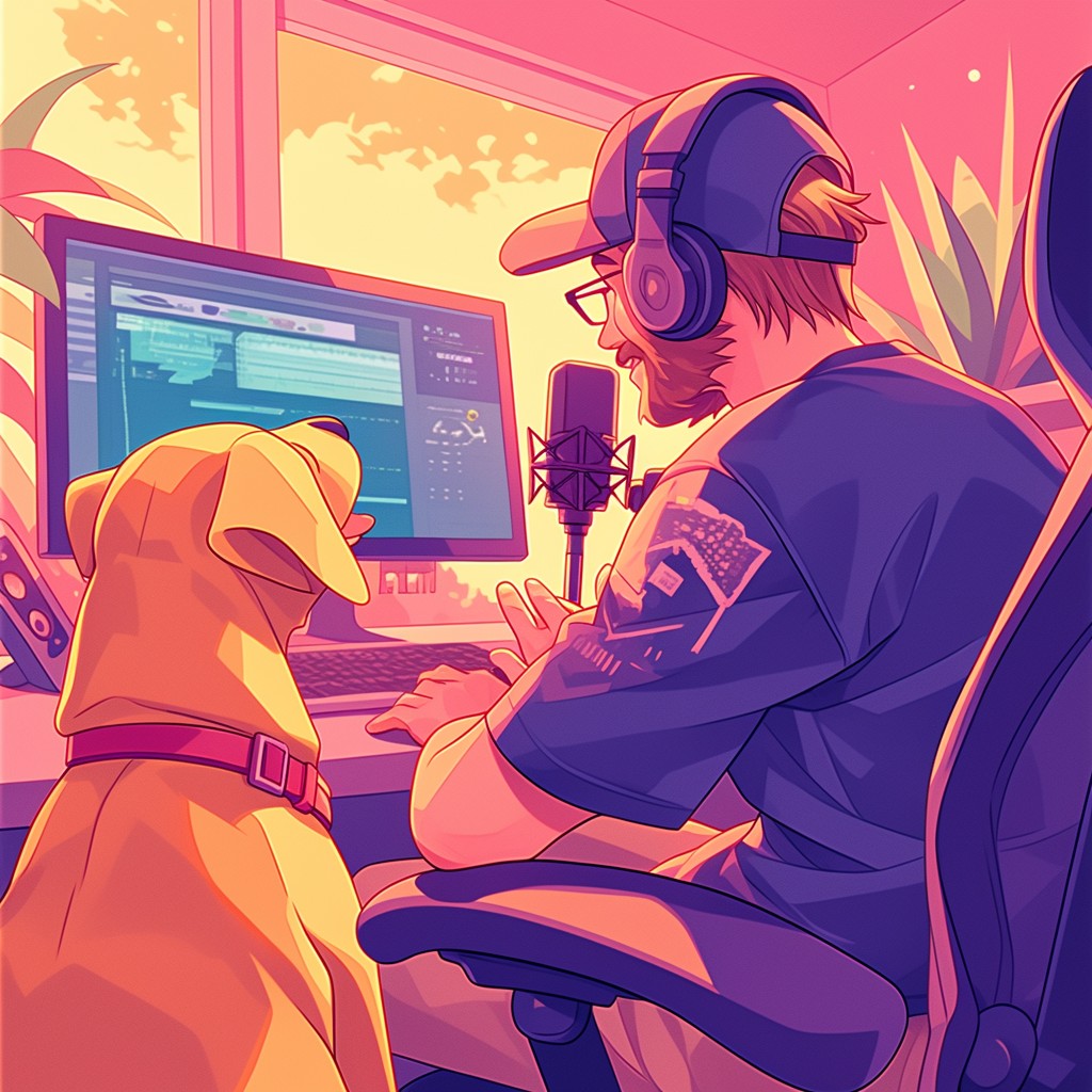 Creator at work with dog in home studio